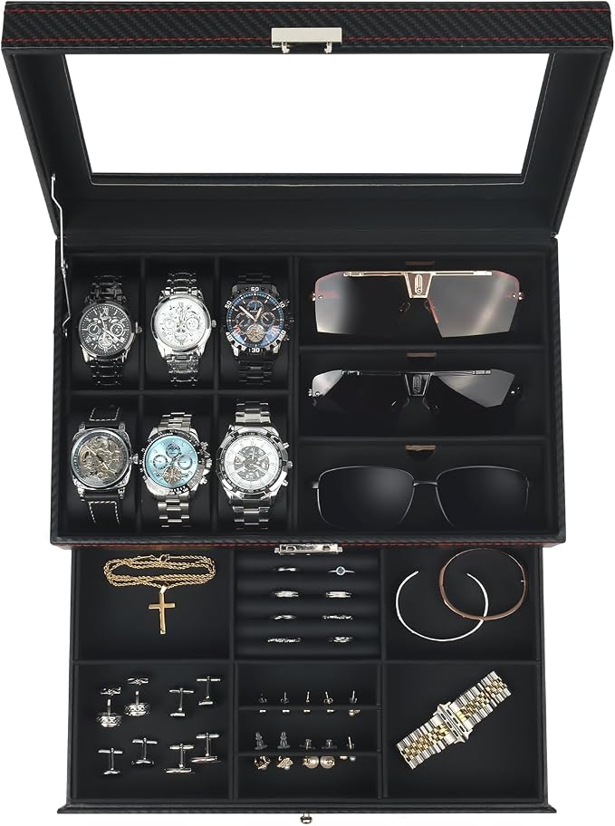 Watch Jewelry Box Organizer, 6-Slot 2-Layer Watch Case and Sunglasses Storage by KUKIKAN