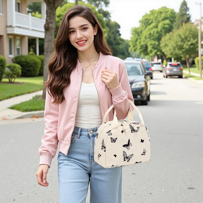 Bluboon Lunch Bag for Women Men Cute Corduroy Lunch Tote Bags Reusable - Image 2