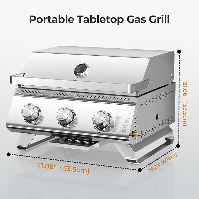 R.W.FLAME Premium 3 Burner Tabletop Propane Gas Grill Stainless Steel Portable - Image 2