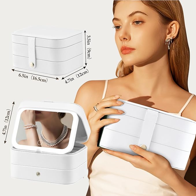 Travel Jewelry Case with LED Lighted Mirror, Portable Travel Jewelry Organizer - Image 5