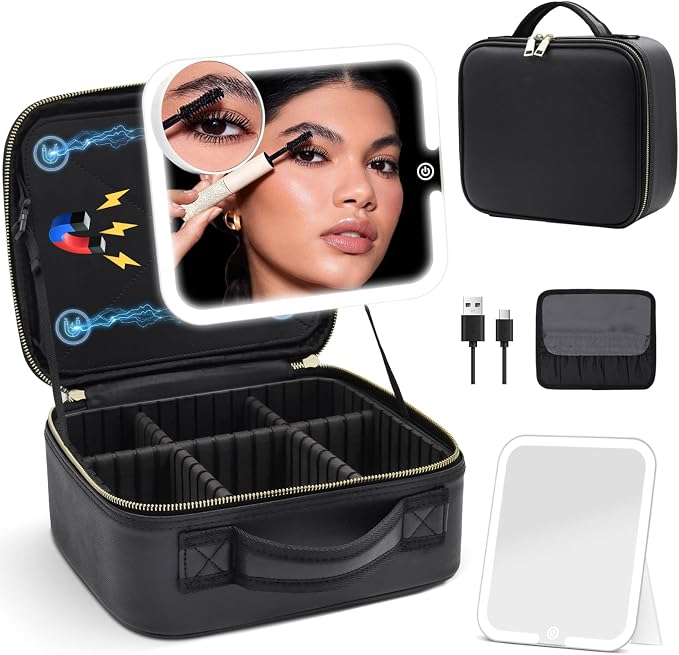 Makeup Bag with Magnetic Detachable Lighted Mirror 360° Swivel Angle, Travel by Jadazror