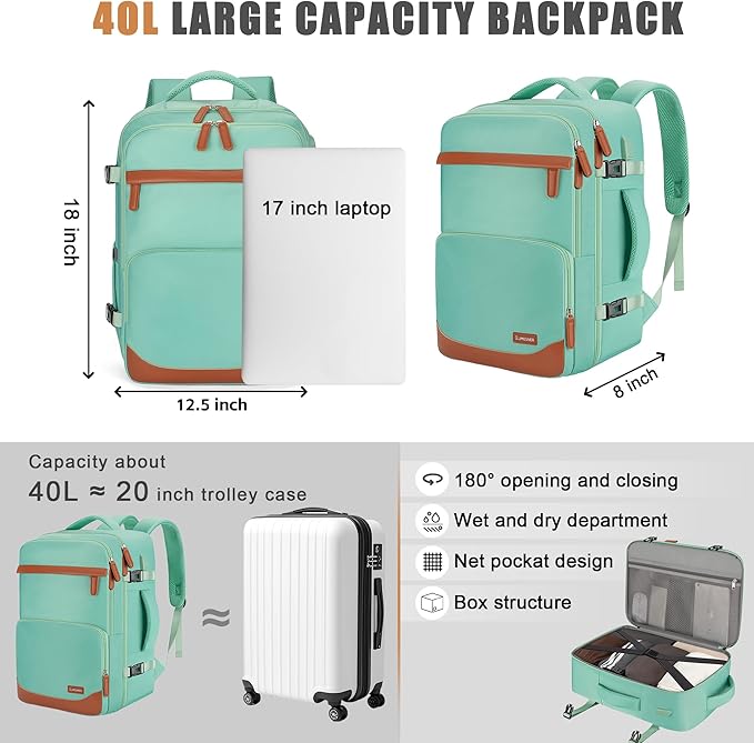 40L Travel Backpack with USB Charging Port, Water-Resistant Carry On Backpack - Image 6