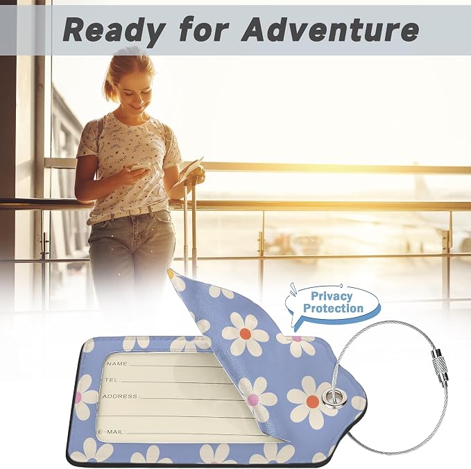2 Pack Luggage Tag for Suitcase, Groovy Daisy Flowers Leather Bag Tags - Image 5
