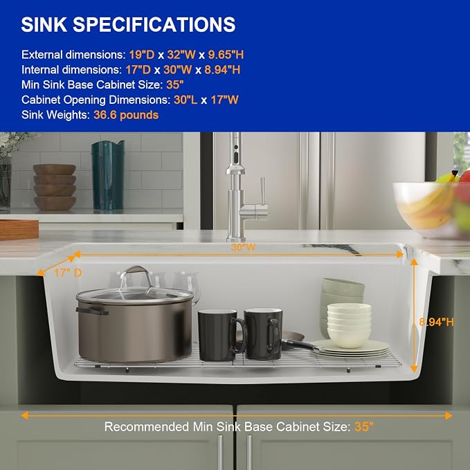 Dcolora 32-Inch Granite Composite White Kitchen Sink, Single Bowl Undermount - Image 5