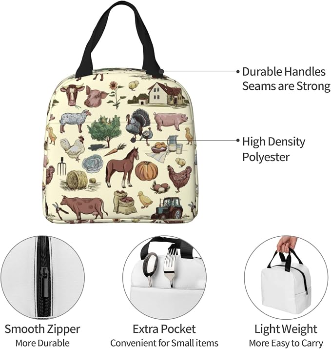 Farm Animal Lunch Bag Farm Lunch Box Insulated Reusable Lunch Tote Bag Cooler - Image 7