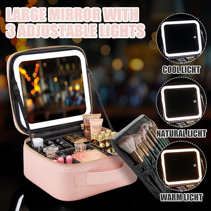Makeup Travel Train Case with Mirror LED Light 3 Adjustable Brightness Cosmetic - Image 4