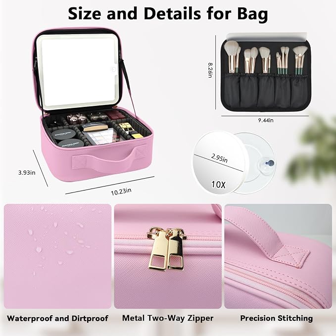 Travel Makeup Bag with LED Mirror and 10x magnifying glass with 3 Lighted - Image 5
