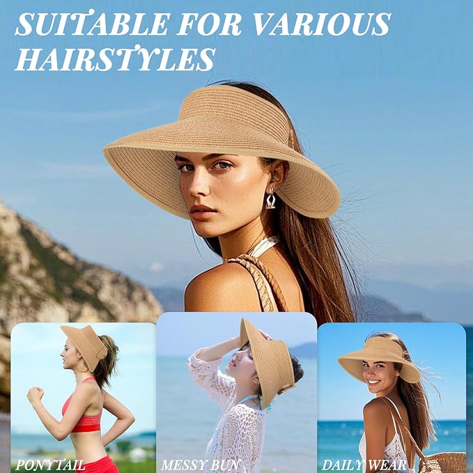 Sun Hats for Women Straw Beach Hat Wide Brim Sun Visor Summer Hat Packable - Image 6