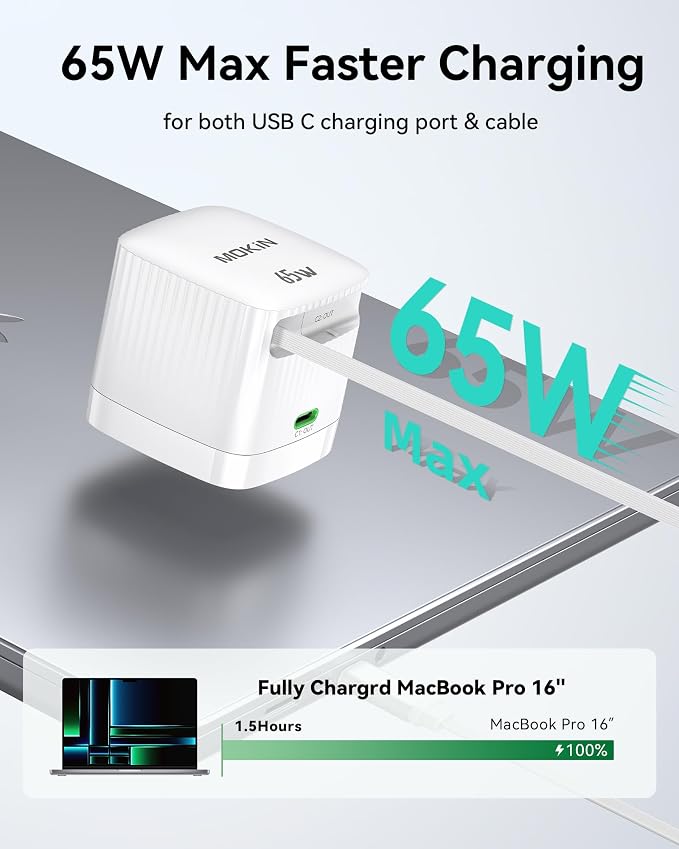 Retractable Wall Charger, 65W PD Fast USB C Charger Block - Image 3
