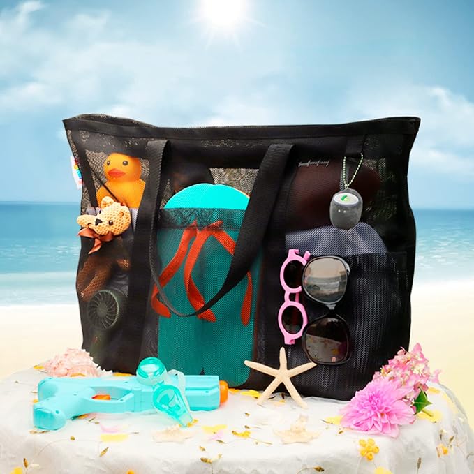 Tagitary Mesh Beach Bag with Zipper Large Beach Tote Waterproof Sandproof with - Image 7