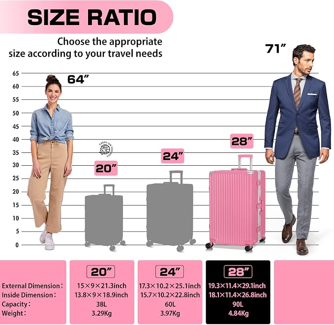 AnyZip Luggage Aluminium Frame Suitcase Hard Shell TSA Lock No Zipper 28In Rose - Image 3