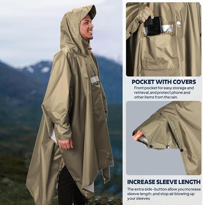ANYOO Hooded Rain Poncho for Adults Waterproof Lightweight Rain Coat for Men - Image 6