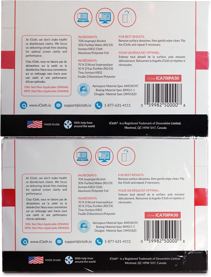 iCloth 70% Isopropyl Alcohol Large Screen and Electronics Wipes, Streak-Free - Image 2