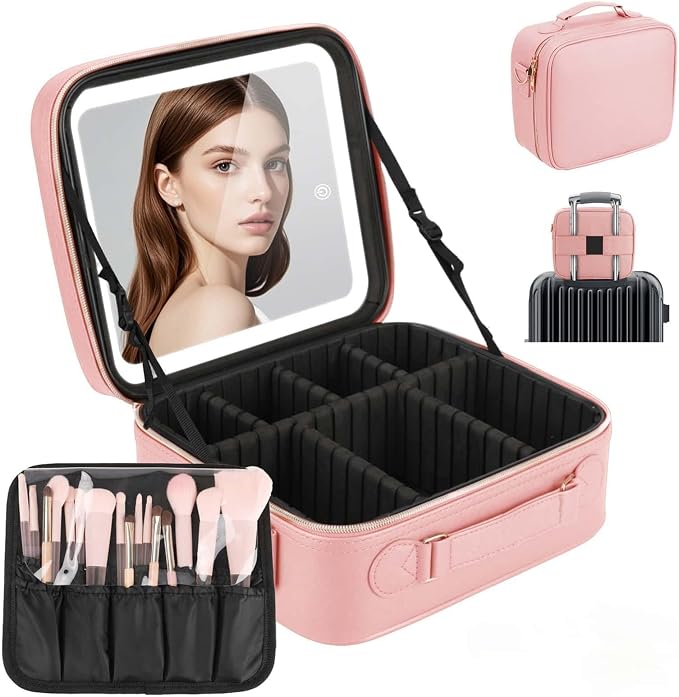 Travel Makeup Bag with LED Mirror, Cosmetic Bags by Emdelifo