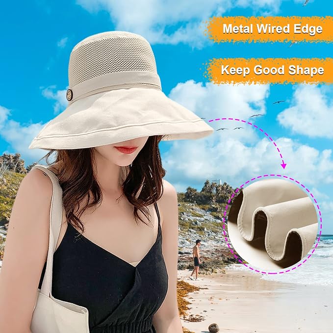 Women Wide Brim Sun Hats Metal Wired Edge Summer UV Protection Beach Fishing Hat - Image 6
