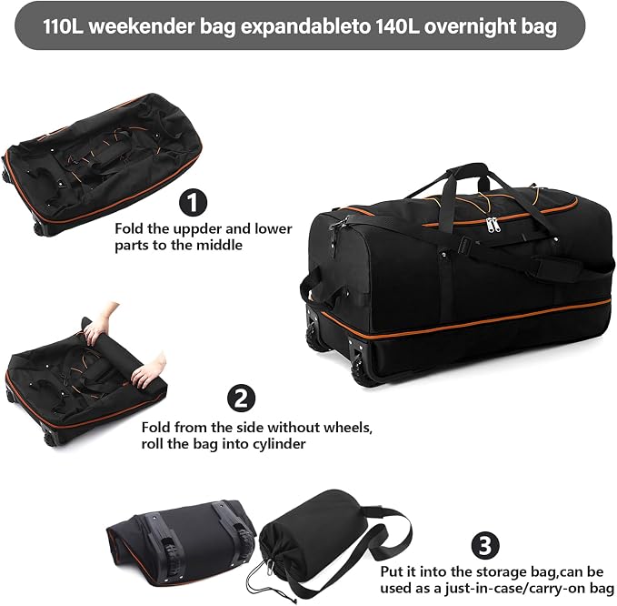Vomgomfom 32" Soft-Sided Foldable Wheeled Travel Duffel Bag, Expandable 110L to - Image 4