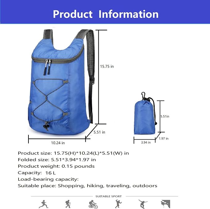16L Hiking Daypack Lightweight Foldable Travel Backpack Water Repellent Camping - Image 7