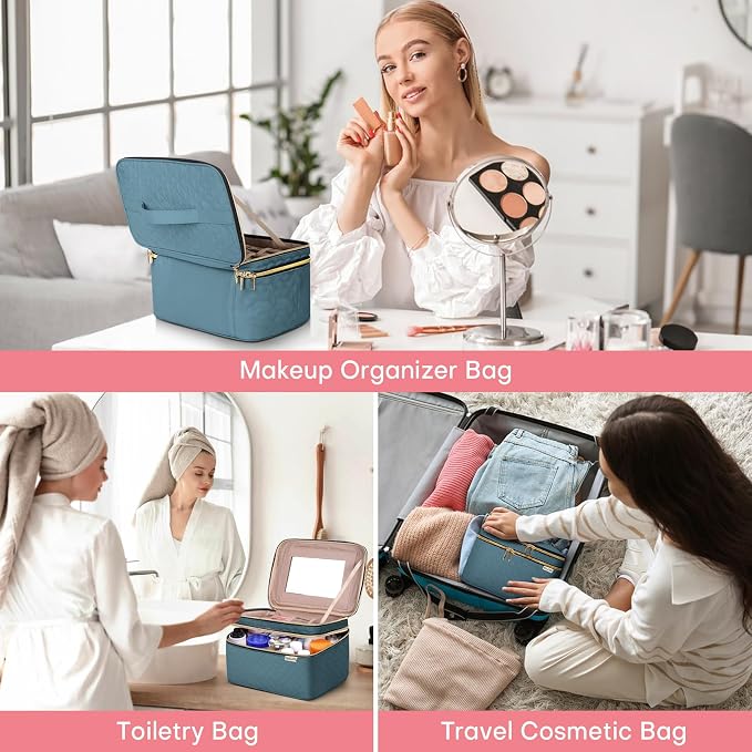Large Makeup Bag with Mirror Double Layer Travel Make Up Organizer Case - Image 7