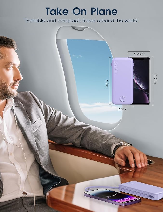 Portable Charger with Built in Cable and AC Wall Plug, USB C Power Bank - Image 7