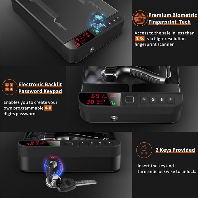 Portable Gun Pistol Safe with LCD Display of Temp, Biometric Fingerprint - Image 2