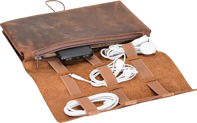 HARDISTON Custom Genuine Leather Electronic Cable Organizer Bag Handmade Travel by HARDISTON