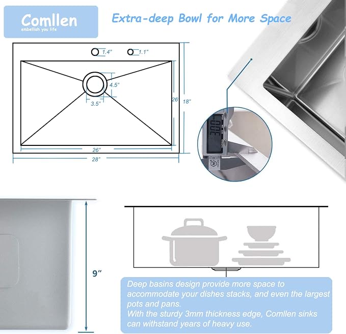 Comllen 28 Inch Drop in Kitchen Sink, 28x18 Inch Top Mount 18 Gauge Stainless - Image 5