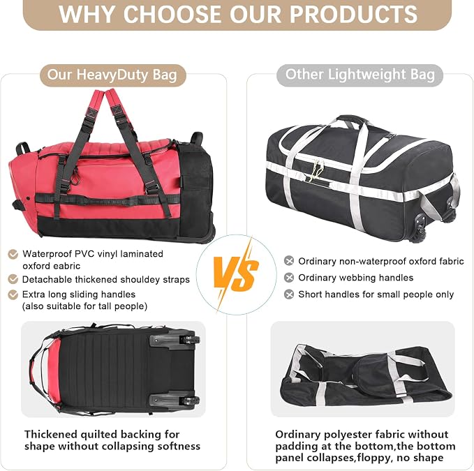 Rolling Duffle Bag with Wheels, 86L 30”Folding Duffle Backpack with 2 Wheels - Image 4