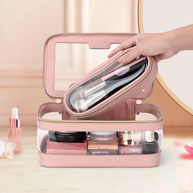 Travel Clear Makeup Bag with Makeup Brush Bag, Leather Makeup Case Toiletry Bag - Image 7