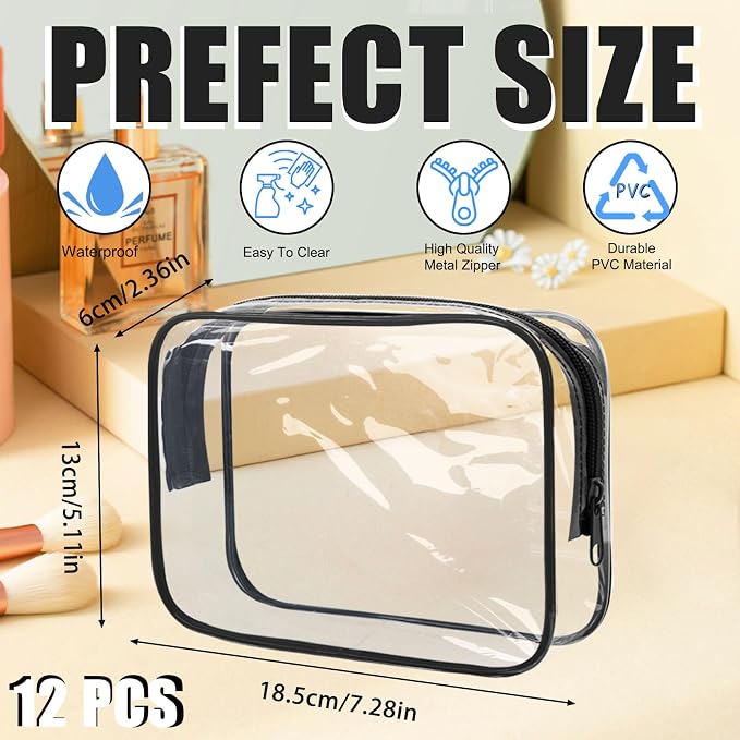 12 Pcs Clear Toiletry Bag PVC Waterproof Zippered PVC Cosmetic Makeup Carry - Image 2