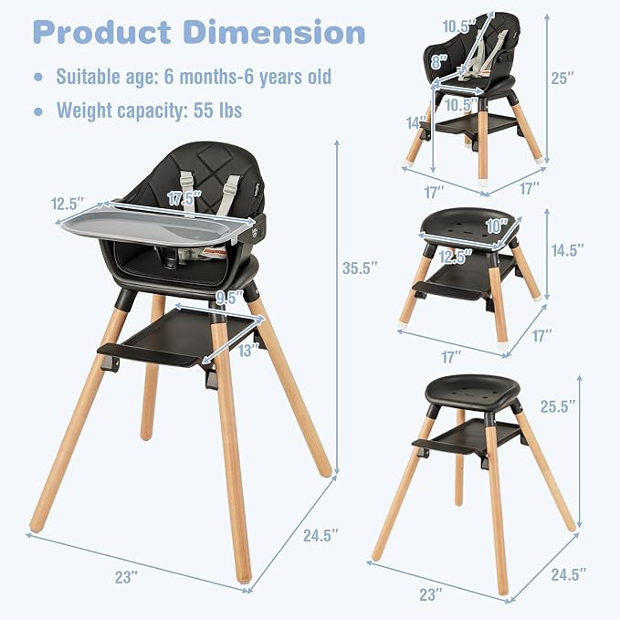 BABY JOY Baby High Chair, 6 in 1 Convertible Wooden High Chair - Image 6