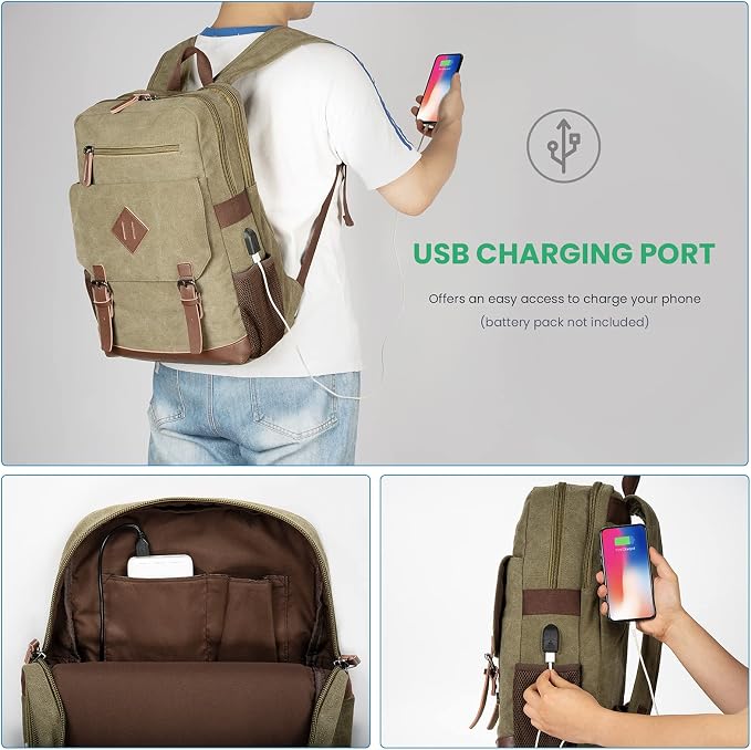 Modoker Vintage Backpack for Men Women, Canvas Bookpack Fits Most 15.6 Inches - Image 2