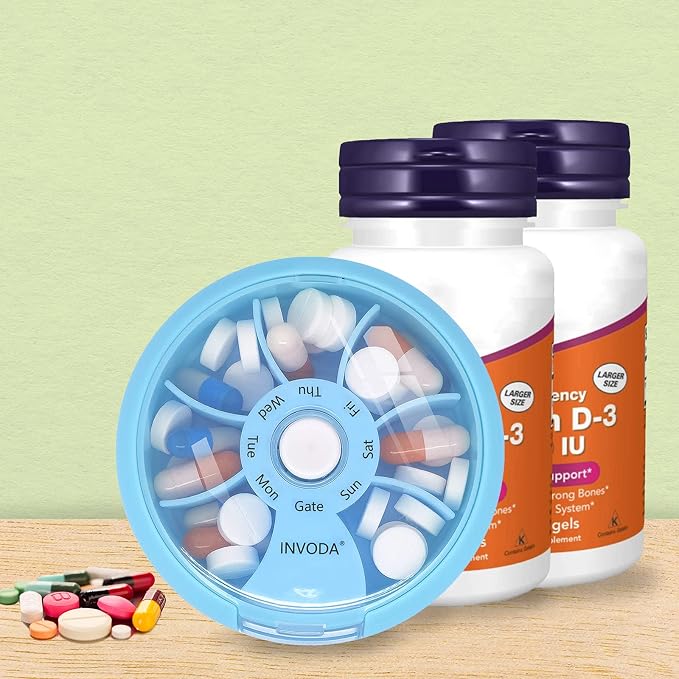 INVODA Weekly Pill Organizer 7 Compartment Rotating Pill Box - Image 7