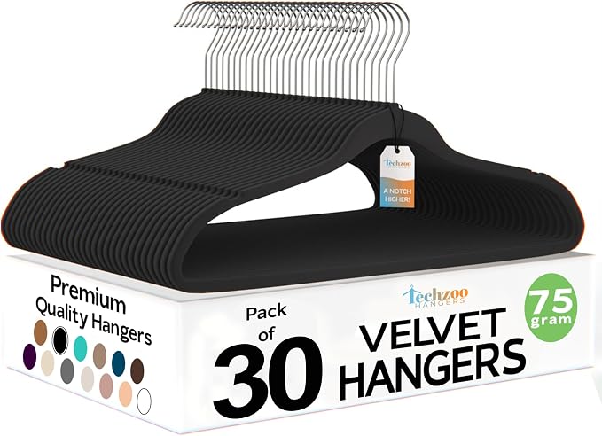 Premium Black Velvet Hangers 30 Pack – Space Saving Felt Hanger, Non Slip by TECHZOO