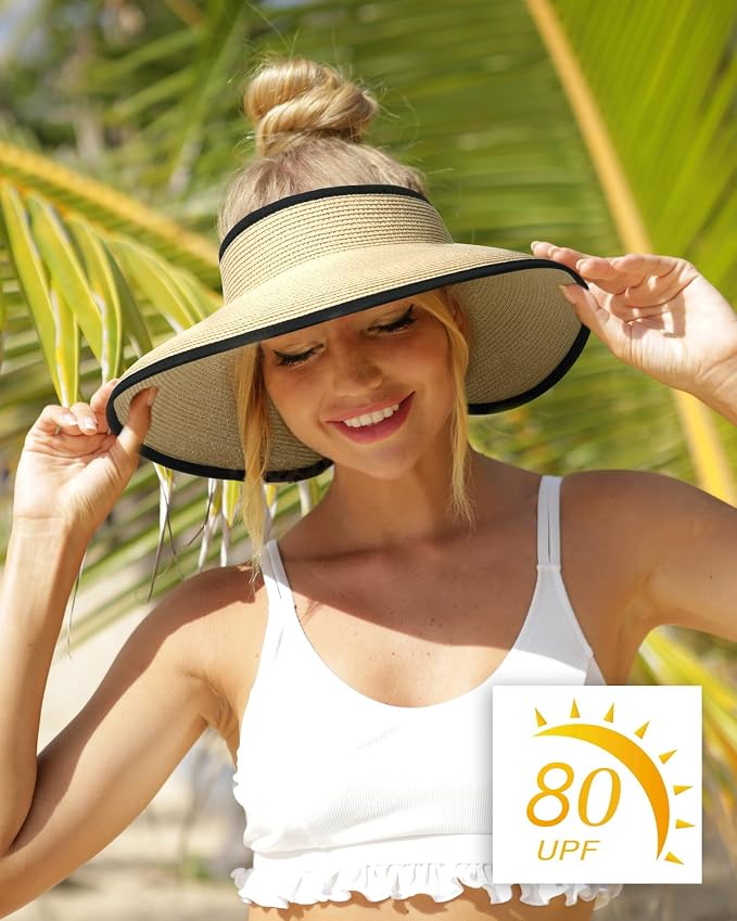 Camptrace Sun Visors for Women Wide Brim Beach Hat Foldable Straw Visor Hat - Image 8
