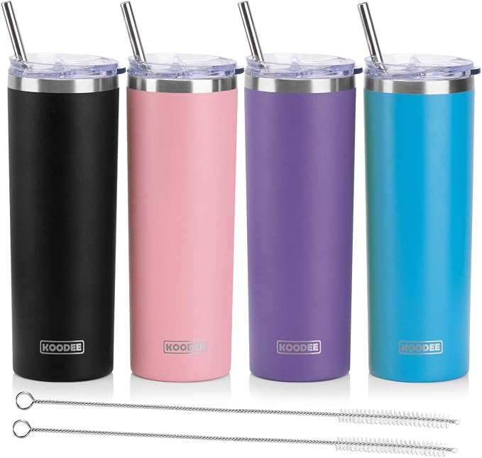 koodee 20 oz Tumbler with Lid and Straw-4 Pack Skinny Tumbler Stainless Steel by koodee