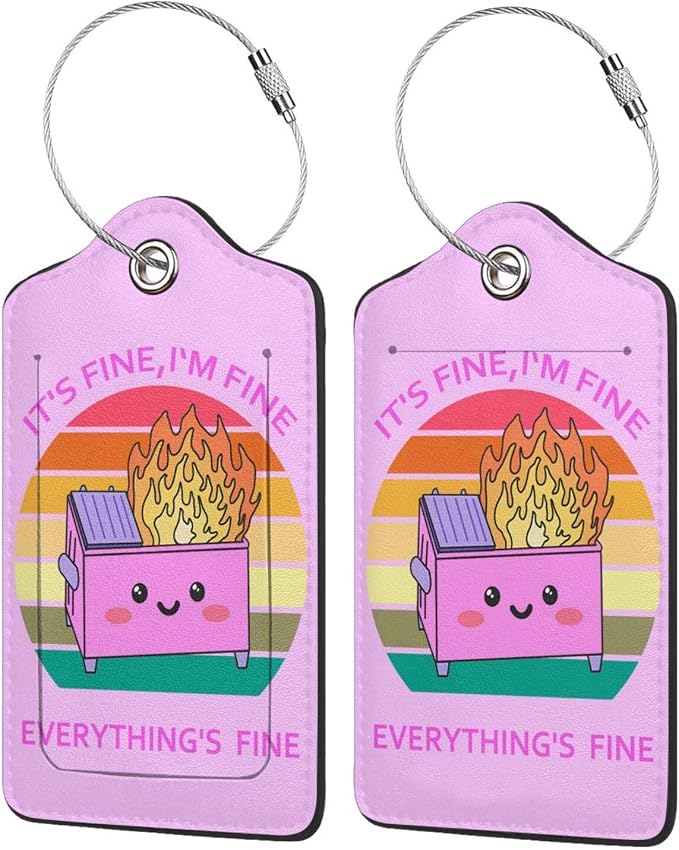 2 Pack Luggage Tags for suitcases Cute Pink Trash on fire I'm Fine It's Fine by Wvpslak