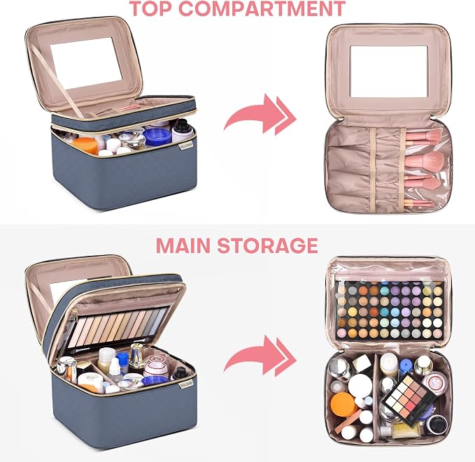 Large Makeup Bag with Mirror Double Layer Travel Make Up Organizer Case - Image 2