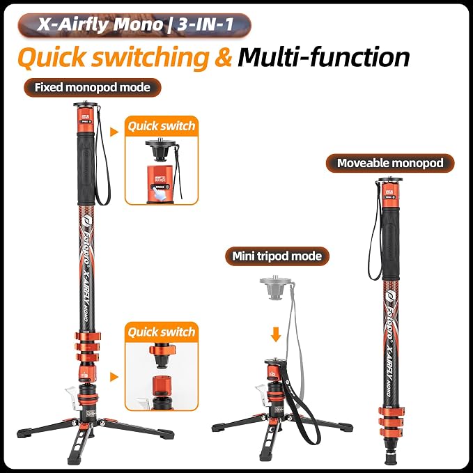 Fotopro Carbon Fiber 3-in-1 Monopod, Max Load 22lbs - Image 7