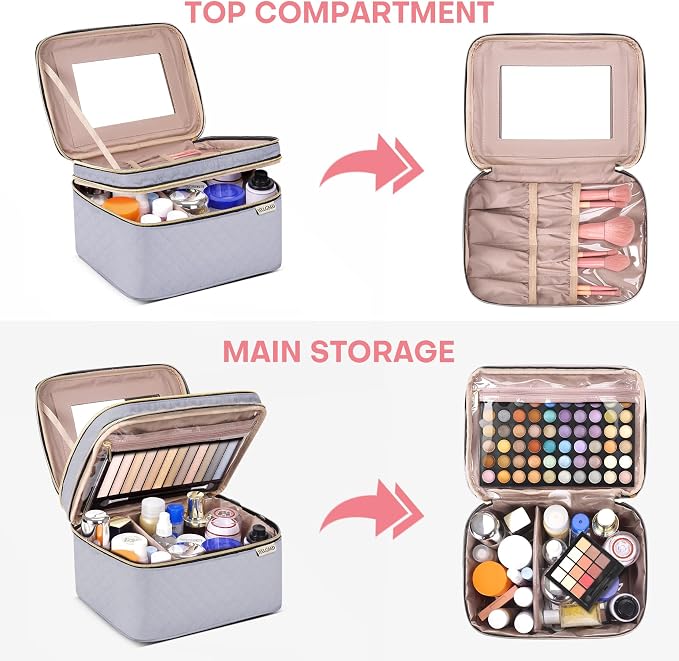 Large Makeup Bag with Mirror Double Layer Travel Make Up Organizer Case - Image 2