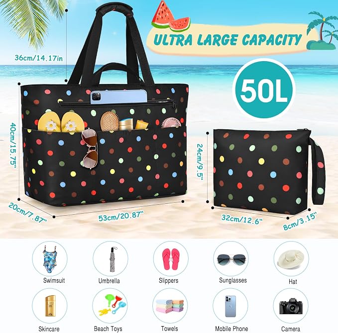 Extra Large Beach Bags for Women, Waterproof Sandproof Beach Tote Bag Zipper - Image 3