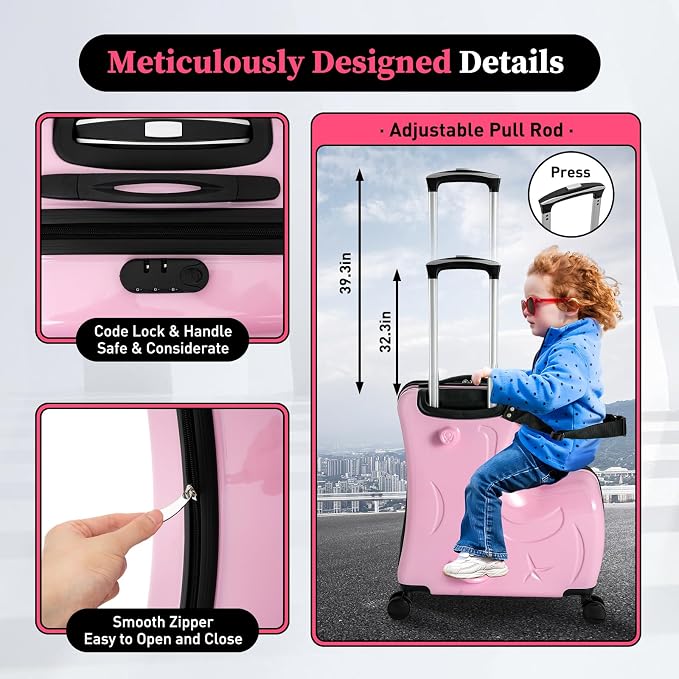 CNCEST 20" Kid's Ride-on Travel Suitcase, Rolling Luggage - Image 4