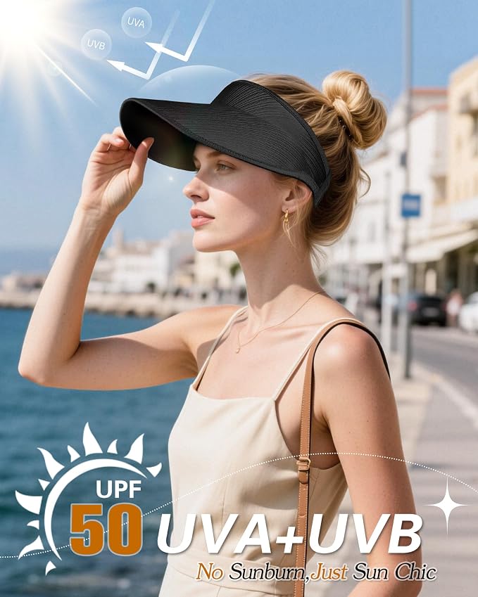 Sun Visor Hats for Women, UPF50+ Wide Brim Sun Hats Adjustable Foldable Beach - Image 4