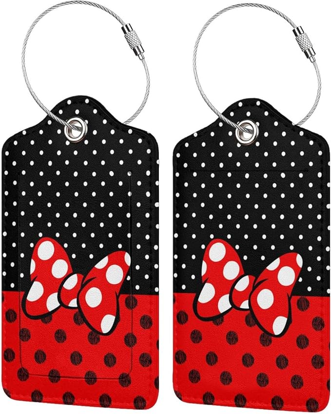 2 Pack Luggage Tags for Suitcase, Mouse Red Bow PU Leather Travel Luggage Tag by South+Feather