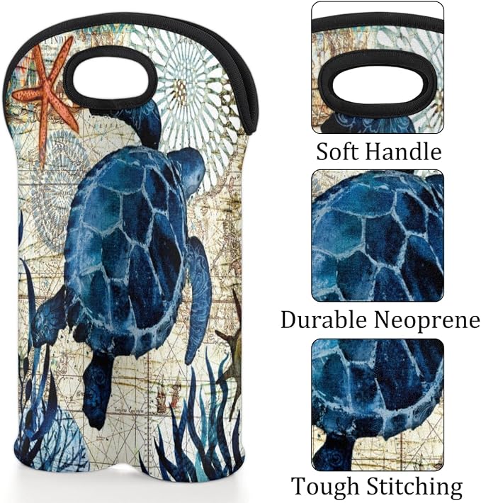 Vintage Sea Turtle 2 Bottle Wine Carrier Tote Bag Insulated Neoprene Portable - Image 3