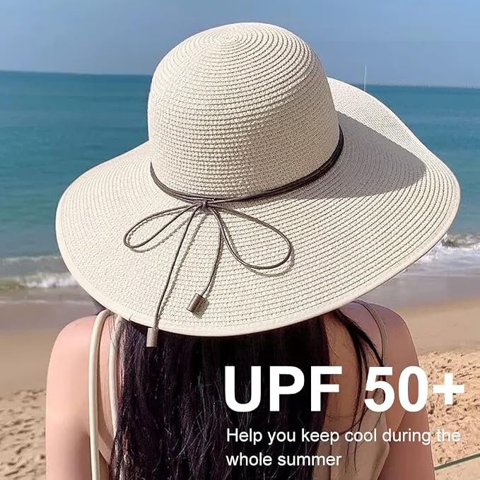 DRESHOW Beach Hats for Women Big Straw Wide Brim Summer Hat Floppy Foldable - Image 3
