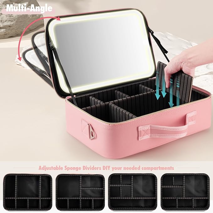Large Travel Makeup Bag with LED Mirror, 3-Color Stepless Dimming Stand Mirror - Image 4