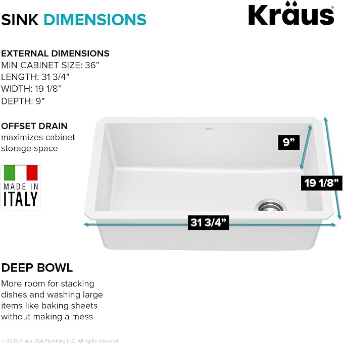 KRAUS Forteza 32-inch Granite Undermount Single Bowl White Kitchen Sink - Image 6