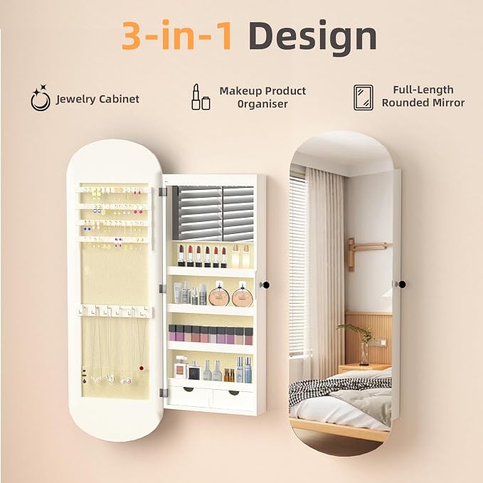 RQZ 8 LEDs Mirror Jewelry Cabinet, Rounded Wide Jewelry Armoire Organizer - Image 4