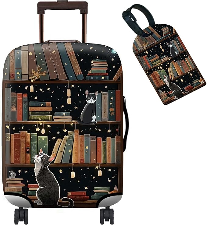 Luggage Cover + Tag, Cat Library Travel Suitcase Protector by BWEGRHE
