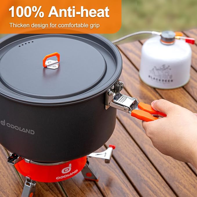 Odoland Camping Cookware Mess Kit, Camping Cooking Pot Fry Pan and 1.1L Kettle - Image 3